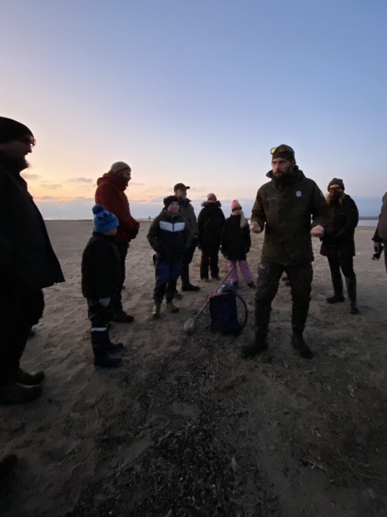 Naturvejleder instruerer deltagerne på stranden i skumringen
